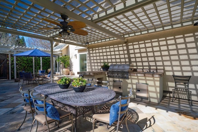 view of patio / terrace with outdoor dining area, area for grilling, a ceiling fan, a grill, and a pergola