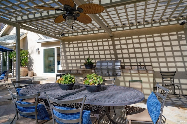 view of patio / terrace with grilling area, an outdoor kitchen, a ceiling fan, outdoor dining space, and a pergola