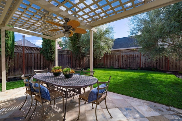 view of patio / terrace with ceiling fan, outdoor dining space, a fenced backyard, and a pergola