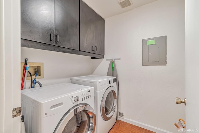 laundry room with cabinet space, baseboards, visible vents, washer and clothes dryer, and electric panel
