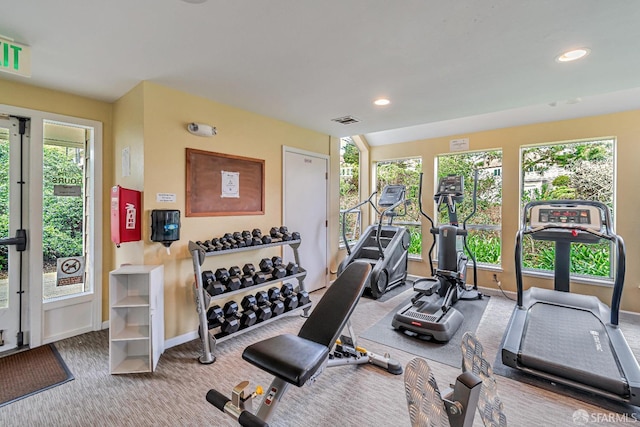 interior space featuring visible vents, baseboards, carpet floors, and a wealth of natural light