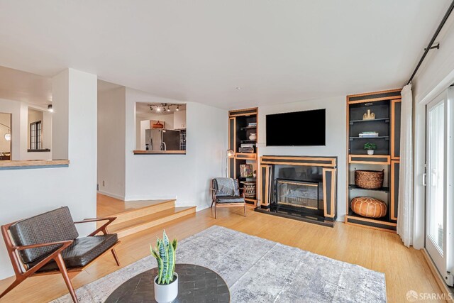 living room with a glass covered fireplace and wood finished floors