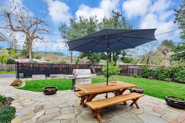 view of patio featuring outdoor dining area, a grill, a fenced backyard, and an outdoor fire pit
