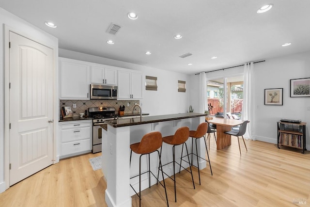 kitchen with visible vents, white cabinets, appliances with stainless steel finishes, backsplash, and light wood finished floors