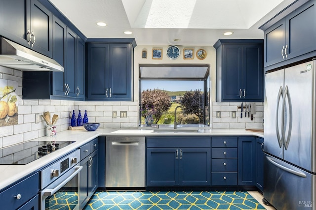 195 Condor Ct Unit 1061, Bodega Bay, CA 94923 - kitchen with appliances with stainless steel finishes, a sink, under cabinet range hood, decorative backsplash, and recessed lighting