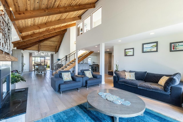 living room featuring wood ceiling, stairs, beam ceiling, wood finished floors, and a glass covered fireplace