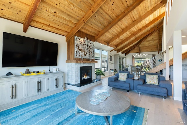 living room with beam ceiling, a fireplace, stairs, wood ceiling, and light wood-style floors