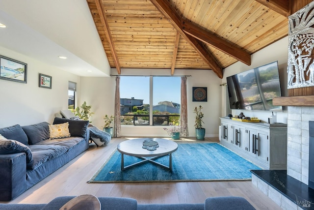 living area with wood finished floors, high vaulted ceiling, recessed lighting, wood ceiling, and beamed ceiling