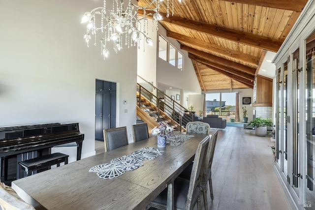 dining room with beam ceiling, a notable chandelier, wood finished floors, wooden ceiling, and stairs