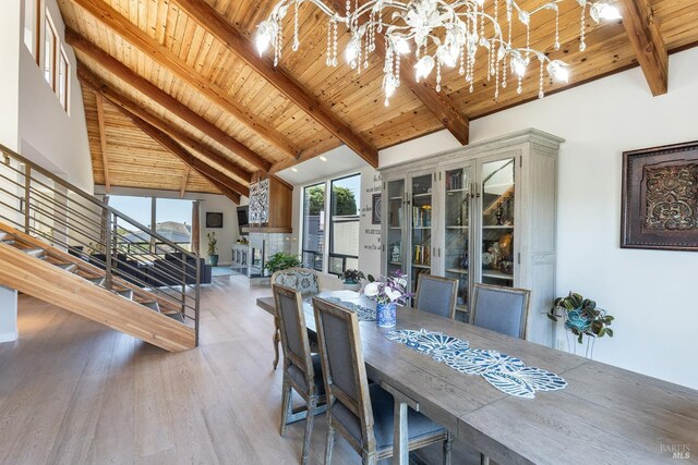 dining area featuring beam ceiling, wooden ceiling, wood finished floors, and high vaulted ceiling