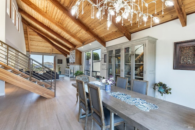 195 Condor Ct Unit 1061, Bodega Bay, CA 94923 - dining area with a chandelier, wooden ceiling with exposed beams, wood finished floors, stairway, and high vaulted ceiling