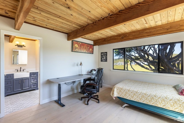 195 Condor Ct Unit 1061, Bodega Bay, CA 94923 - bedroom featuring a sink, baseboards, wooden ceiling with exposed beams, light wood-style flooring, and ensuite bath