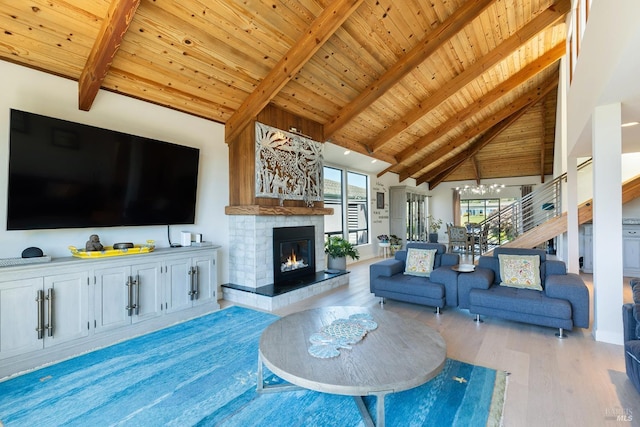 195 Condor Ct Unit 1061, Bodega Bay, CA 94923 - living area featuring light wood finished floors, wood ceiling with exposed beams, high vaulted ceiling, stairs, and a tile fireplace