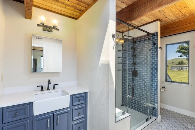 full bathroom featuring tile patterned floors, a shower stall, baseboards, wood ceiling, and vanity