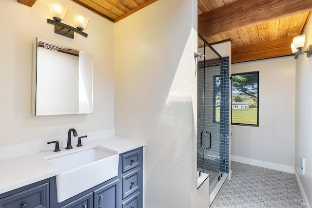 bathroom featuring a shower stall, wood ceiling, baseboards, and tile patterned floors