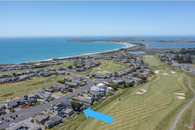 bird's eye view featuring a residential view, view of golf course, and a water view