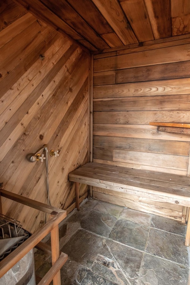 view of sauna with stone finish floor