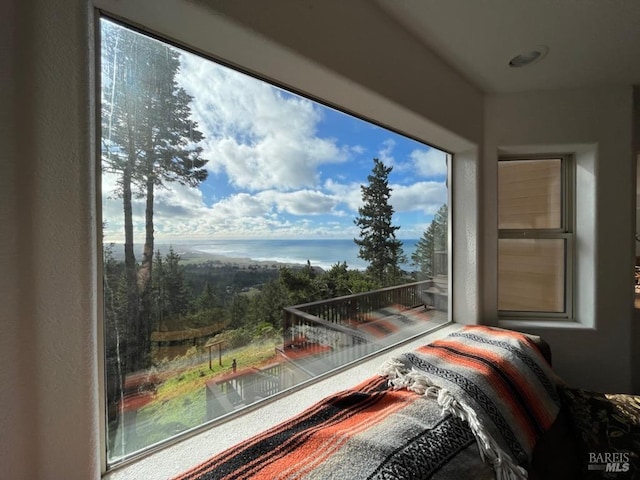 bedroom with a water view and a textured wall