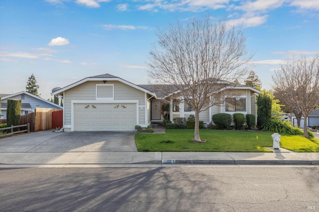 single story home featuring a garage, concrete driveway, a front lawn, and fence