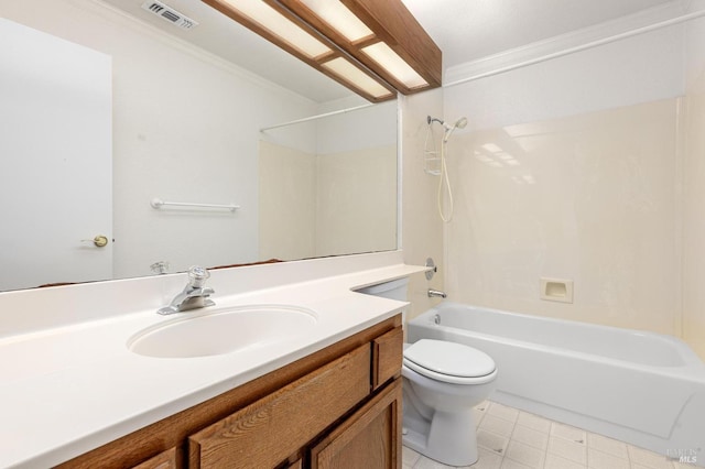 bathroom with visible vents, toilet, ornamental molding, vanity, and shower / tub combination