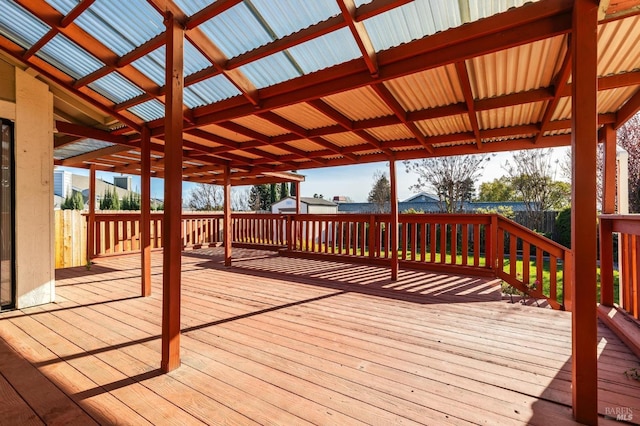 wooden terrace featuring fence