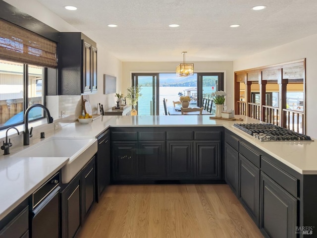 kitchen featuring a sink, light countertops, dishwasher, light wood finished floors, and stainless steel gas stovetop