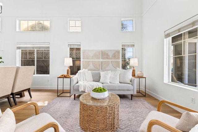 living room featuring a high ceiling, baseboards, and wood finished floors