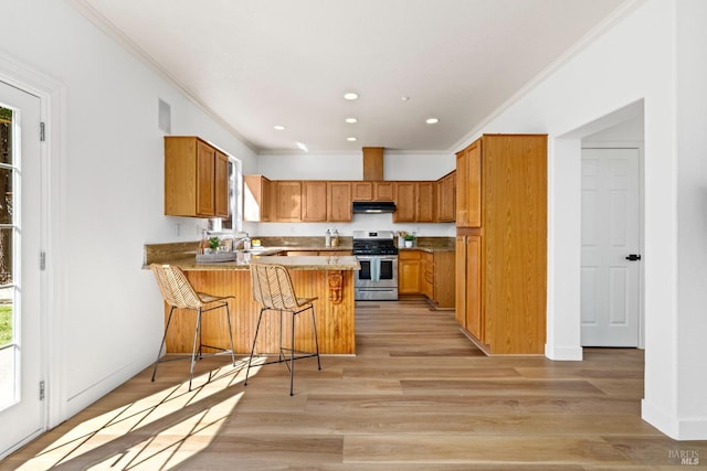 kitchen with stainless steel gas stove, light wood finished floors, ornamental molding, a peninsula, and under cabinet range hood