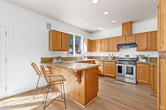 kitchen with under cabinet range hood, a peninsula, ornamental molding, light wood finished floors, and gas stove