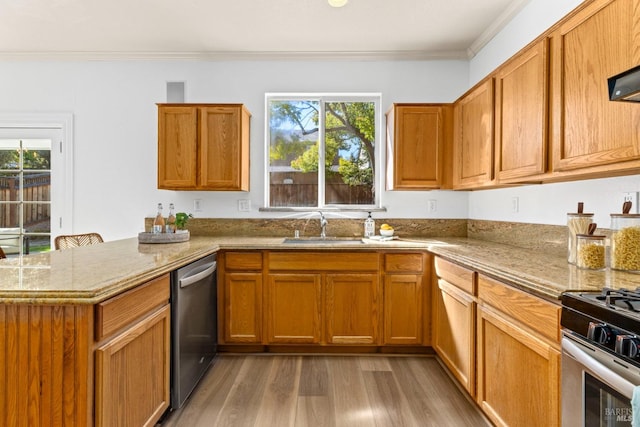 kitchen featuring a peninsula, crown molding, appliances with stainless steel finishes, and a sink