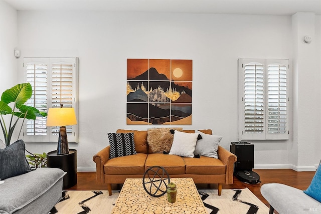 living room featuring baseboards and wood finished floors