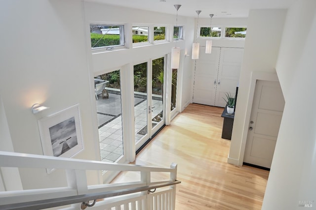 interior space with light wood-style floors, a healthy amount of sunlight, and a high ceiling