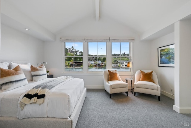 carpeted bedroom featuring vaulted ceiling with beams and baseboards