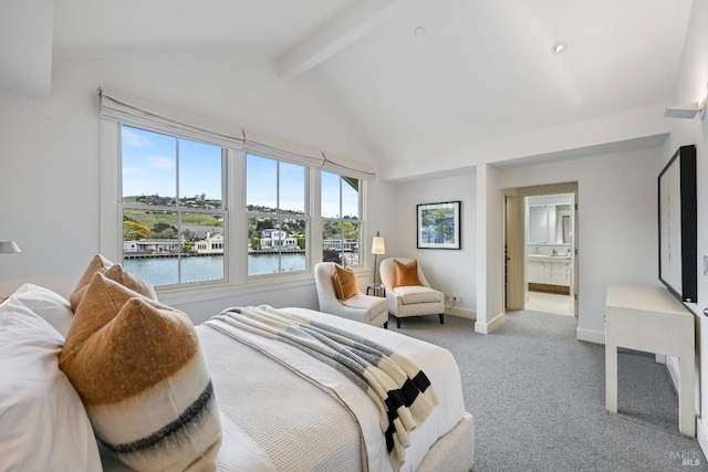 bedroom with lofted ceiling with beams, a water view, baseboards, and light colored carpet