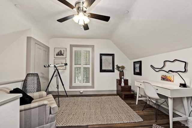 office featuring lofted ceiling, ceiling fan, wood finished floors, and baseboards