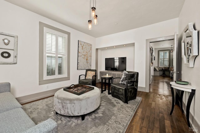 living room featuring wood-type flooring and baseboards