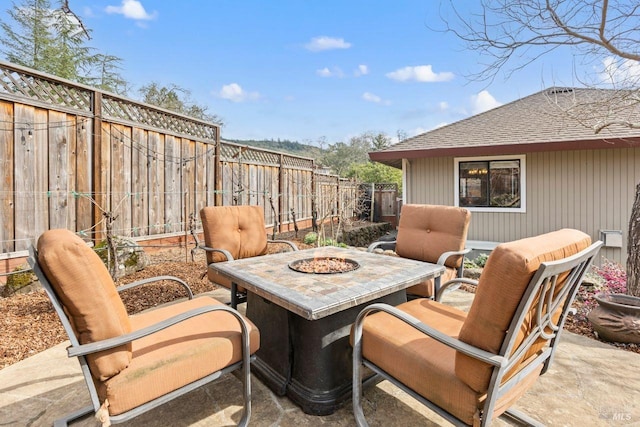 view of patio / terrace with a fenced backyard and a fire pit