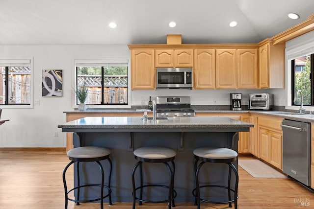 kitchen with appliances with stainless steel finishes, a sink, a kitchen bar, and light brown cabinetry