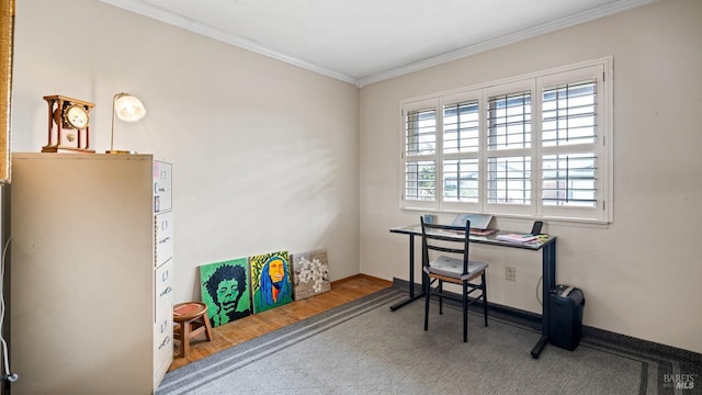 home office with ornamental molding and carpet floors