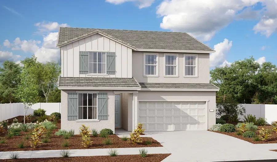 view of front facade with concrete driveway, board and batten siding, an attached garage, and fence