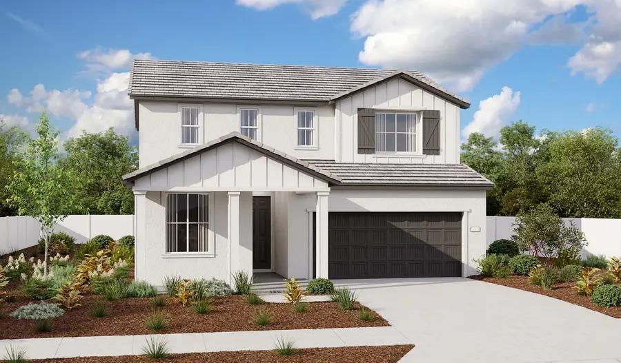 view of front facade featuring driveway, board and batten siding, and fence