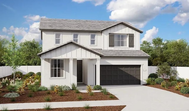 view of front facade featuring driveway, board and batten siding, and fence