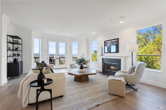 living area featuring wood finished floors, french doors, a fireplace with flush hearth, and ornamental molding