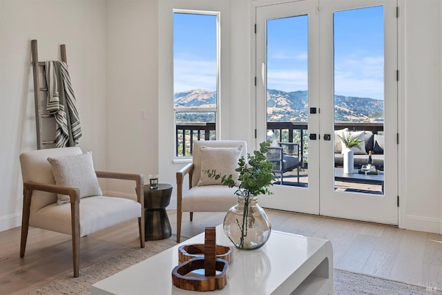 living area featuring french doors, a wealth of natural light, light wood-type flooring, and a mountain view