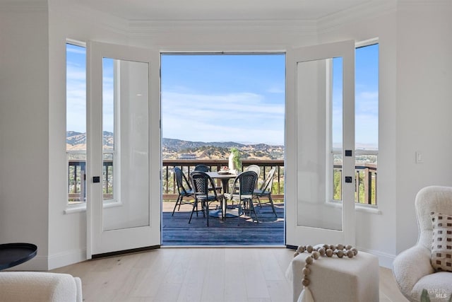 entryway featuring ornamental molding, a mountain view, baseboards, and wood finished floors