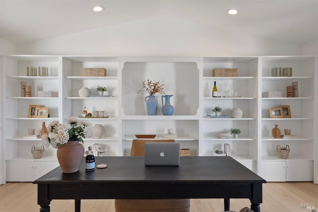 office space with lofted ceiling, light wood finished floors, and recessed lighting