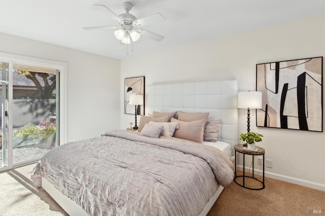 bedroom featuring ceiling fan, carpet, baseboards, and access to outside