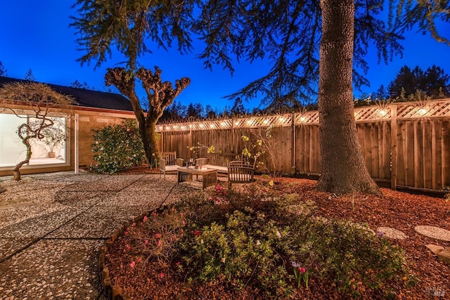 yard at twilight with a patio and a fenced backyard