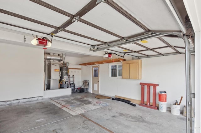 garage with heating unit, water heater, and a garage door opener