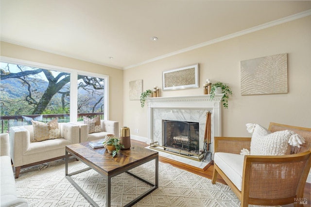 interior space with baseboards, a fireplace, wood finished floors, and crown molding